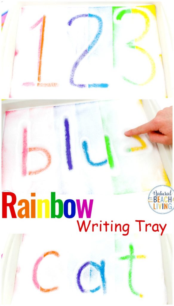 A Rainbow Salt Tray is a fun way to improve pre-writing skills, Children can use a Montessori Salt Tray and sensory writing trays for Preschoolers, Sensory activities keep children engaged and learning in a fun hands-on way. multi-sensory activities for preschoolers 