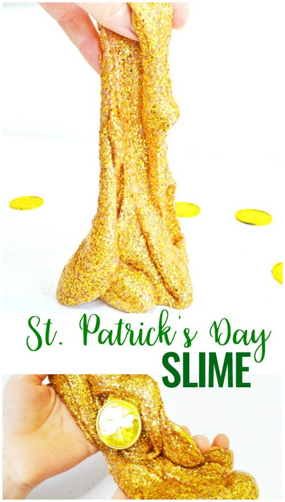 Learn How to Make Slime Recipe with Contact Solution Perfect for St. Patrick's Day Sensory play. This Awesome Gold Glitter Contact Solution Slime Recipe is a super easy  Homemade slime recipe. Find The Best Slime Recipes here.