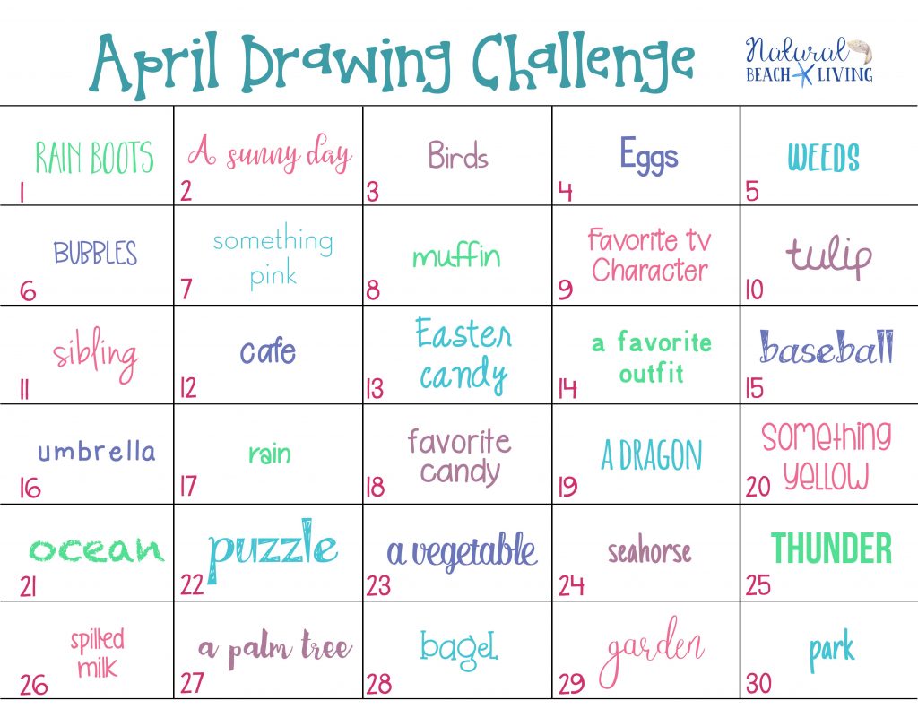 April Drawing Challenge for Kids and Adults, Full of fun Spring themes and topics like Gardening baseball, flowers, birds, Easter and more. Get Creative with a year of drawing prompts that you can download here for free every month. 30 Day Drawing Challenge
