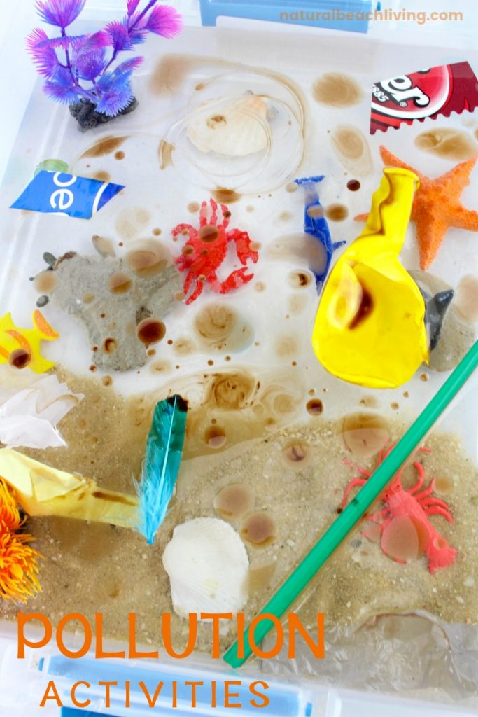 These Water Pollution Activities are so simple and easy to set up. Teach your kids about Pollution in a fun way. This pollution activity is a simple way to actually show children with real connections to nature on how pollution affects our environment. Pollution Science and Sensory Bin for Perfect Activities on Pollution 