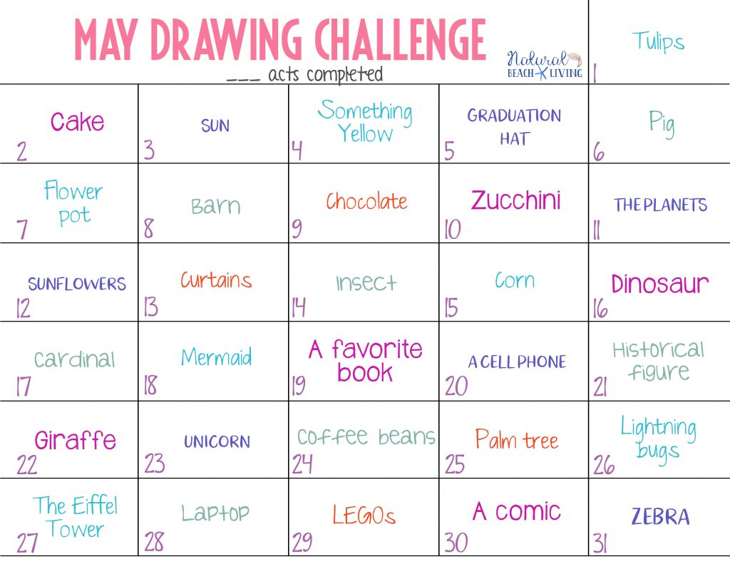 This May Drawing Challenge is perfect for kids and adults. It's full of fun Spring themes and topics like graduation, flowers, spring, the sun, unicorns, insects and more. Get your creativity flowing with 31 Drawing Prompts and over 30 drawing challenge ideas