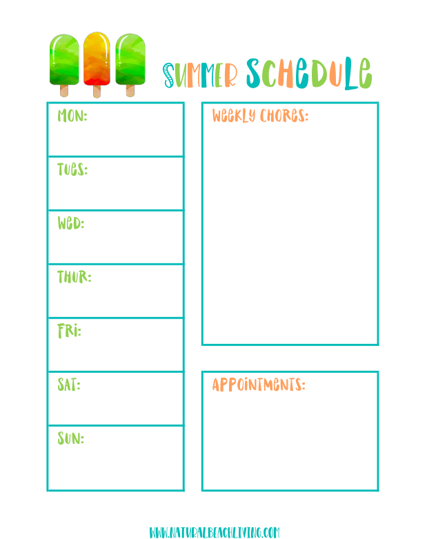 This Summer Schedule for Kids is 8 pages of awesomeness for moms and kids. A weekly planner page and summer theme activities to fill your children's days with fun. Summer Rules plus Free Summer Activities, a Chore Chart and Daily Schedule for Kids. This Free Summer Schedule is the best!