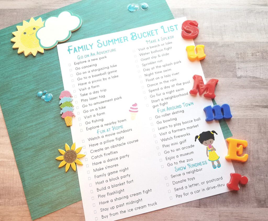 Limit screen time and keep the kids active this summer with this fantastic Summer Bucket List Printable. A Summer Bucket List for Kids, These Family summer bucket list ideas are full of fun with summer activities, water play ideas, hands-on activities for kids, family adventures, and so much more.