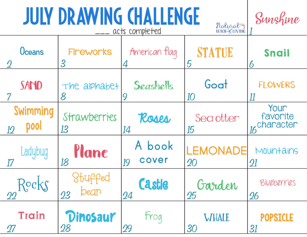 This July Drawing Challenge Ideas is great for kids of all ages and adults! Not only does it encourage them to use their imagination but it teaches skills, too! Grab your Free 30 Day Drawing Challenge List, These Summer drawing challenge ideas are great to help keep you inspired and making art, you can enjoy these free monthly drawing challenges.