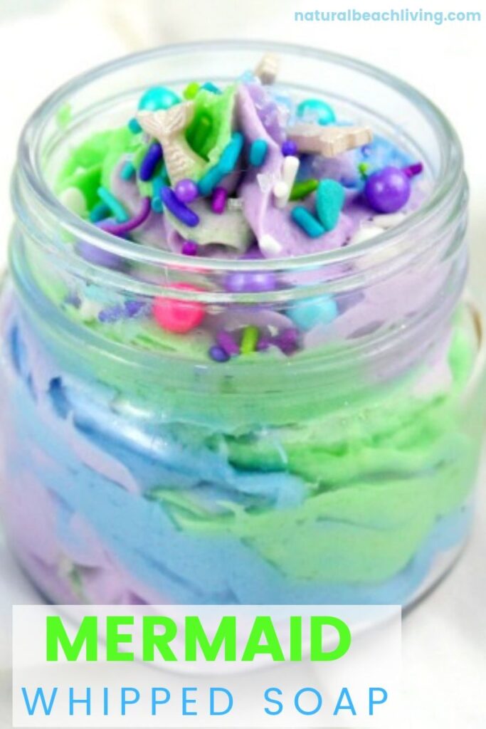 This Mermaid Whipped Soap is so fun and easy to make! All you need are a few easy ingredients to make DIY Soap and you'll have it done in no time at all!  This is the perfect Soap for Kids or give these out for your next Mermaid Theme Party or Gift Jar Idea. See How to Make Squishy Soap Here