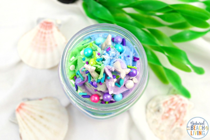 This Mermaid Whipped Soap is so fun and easy to make! All you need are a few easy ingredients to make DIY Soap and you'll have it done in no time at all!  This is the perfect Soap for Kids or give these out for your next Mermaid Theme Party or Gift Jar Idea. See How to Make Squishy Soap Here