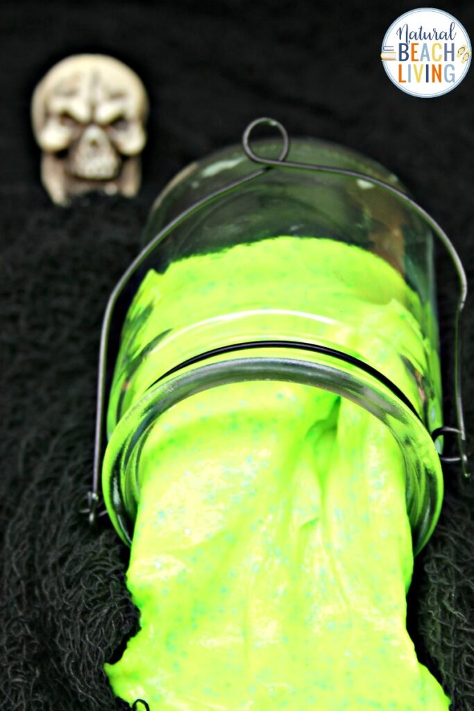This Glow in the Dark Slime is perfect for Halloween or any time you want to have some fun. Plus, we have lots of other slime recipes that are sure to please, including more Slime with Contact Solution, Fluffy Slime Recipes, THE BEST SCENTED slime, and clear slime. 