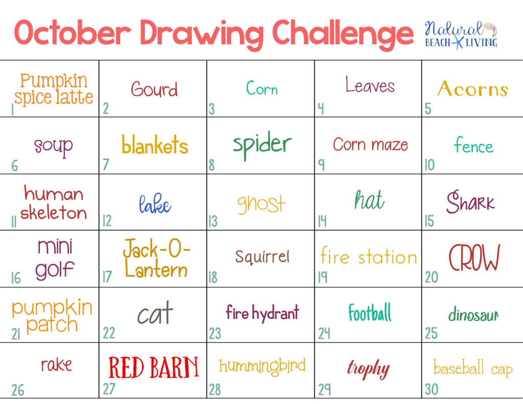 The October Drawing Challenge is a great way to use your creative thoughts and talents to draw something new every single day. this free 30 day drawing challenge for fall. This Monthly Drawing Challenge is full of 30 days with 30 topics and ideas to get you drawing daily. Have fun! 