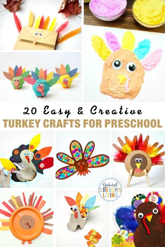 These turkey crafts for preschool are so much fun! They're all age-appropriate and different which makes them great for Easy Thanksgiving Crafts. These Thanksgiving Preschool Activities include Fall Slime, Turkey Salt Painting, turkey handprints, turkey paper plate crafts and so many more preschool craft ideas.