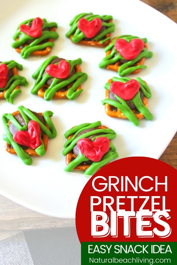These Grinch Pretzel snack bites are the perfect thing to serve for a Grinch Movie Night or Christmas party treat. A bite-size Grinch snack everyone enjoys, sweet and salty Grinch Pretzel Bites drizzled with chocolate makes a Grinch Treat you can't stop eating, Grinch Party Food