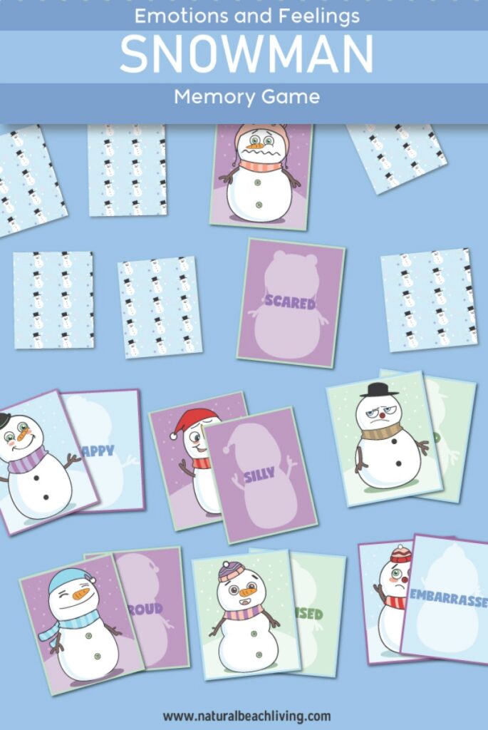 This Snowman Emotions and Feelings Memory Game is so much fun to use! Combine emotions and feelings cards with the words so your child can learn them both while having fun. Emotion Cards Memory Game and feelings and emotions activities for preschoolers, Add this Snowman Activity and  Snowman Printables to a winter preschool theme, Emotion Cards