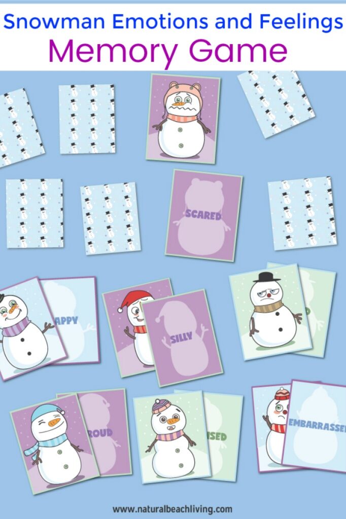 This Snowman Emotions and Feelings Memory Game is so much fun to use! Combine emotions and feelings cards with the words so your child can learn them both while having fun. Emotion Cards Memory Game and feelings and emotions activities for preschoolers, Add this Snowman Activity and  Snowman Printables to a winter preschool theme, Emotion Cards