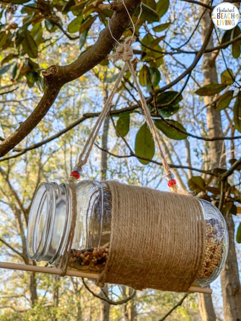 This Mason Jar Bird Feeder is a great idea for a simple and fun craft that is perfect for all ages! Whether you are looking for an activity for Earth Day, spring, summer, fall or winter homemade bird feeders are perfect for learning about birds and helping your feathered friends find food. We have THE BEST BIRD SEED ORNAMENTS and HOMEMADE BIRD FEEDERS Here
