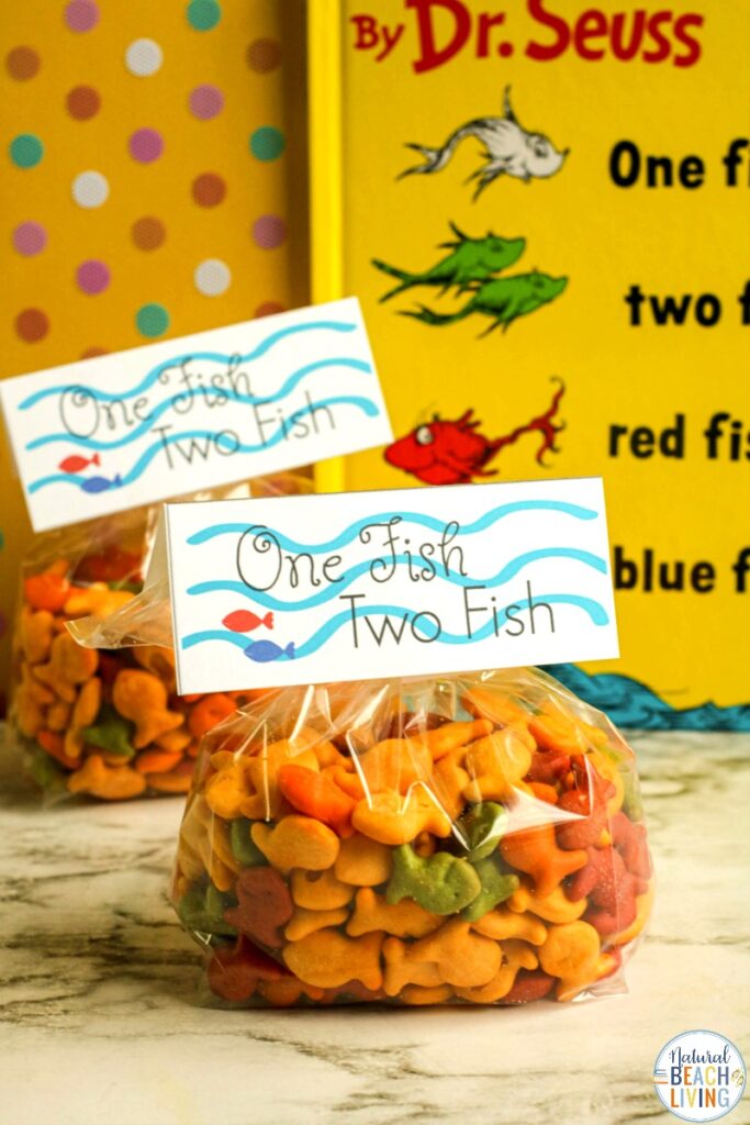 Kids love these Dr Seuss One Fish Two Fish Goodie Bag Tags. You can grab the Dr Seuss Free Printables to use for your Dr Seuss party ideas or just for fun when sharing Dr Seuss Books with your kids. One Fish Two Fish Goodie Bag Ideas for the win!