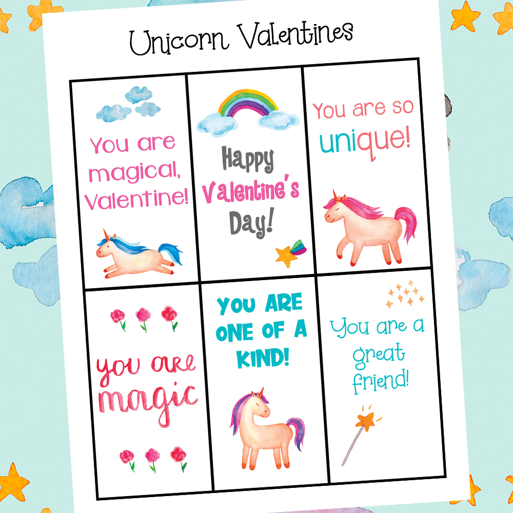 Grab these free Printable Unicorn Valentines Day Cards. They're colorful, cute and are unique, too! Kids love these printable valentine's day printables. Most of hese Unicorn Cards can be used for a unicorn themed party at any time of the year. 