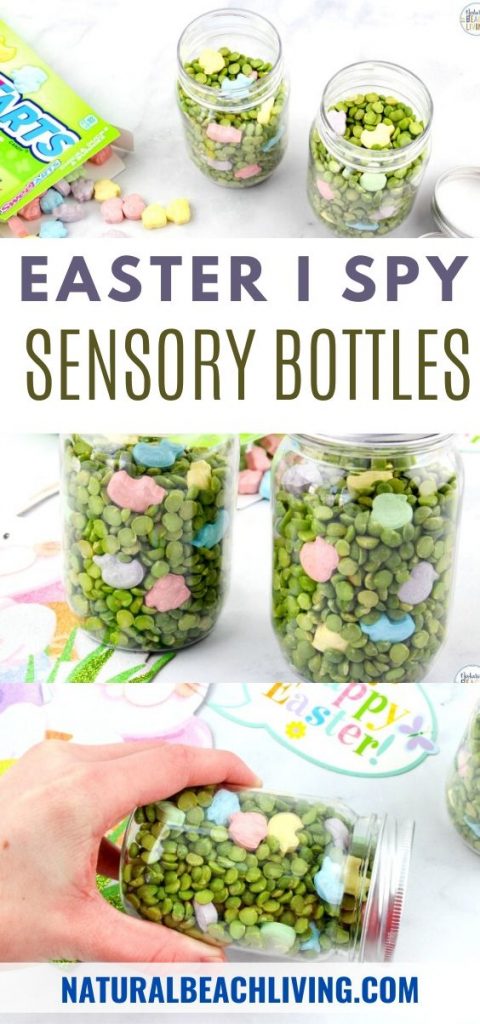 These Easter I Spy Sensory Bottles are fun for kids to make and play with. They're the perfect addition to any Easter basket, too! Easter Seek and Find Bottles are a fun game for toddlers and preschoolers. Spring Sensory Bottles and Find it Bottles for Easter activities.