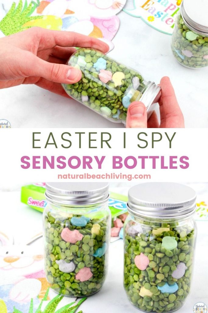 These Easter I Spy Sensory Bottles are fun for kids to make and play with. They're the perfect addition to any Easter basket, too! Easter Seek and Find Bottles are a fun game for toddlers and preschoolers. Spring Sensory Bottles and Find it Bottles for Easter activities.