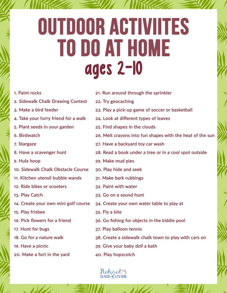 Gear up for some Fun Outdoor Activities to Do at Home with kids age 2-10. These ideas and activities are great for Fun Things to do in Your Backyard. They will keep your kids busy and having so much fun for free. Backyard Activities for Kids with a Free Printable Checklist.