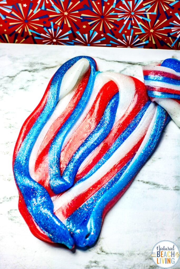 The Best 4th of July Slime Recipe! This red, white, and blue slime is a great patriotic slime to make and play with for the 4th of July, Memorial Day, or any other patriotic holiday. This easy slime recipe mixes science, chemistry, sensory play and hands on learning into one awesome fourth of July activity.