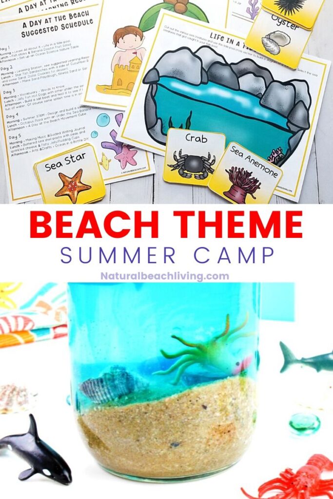This Beach Theme Summer Camp is perfect for lots of Summer Fun. Over 25 Beach Activities and Crafts for Kids. Plus, ocean books, snacks, and sensory play. These Summer Camp at Home ideas will be great all summer long with Ocean Animals Activities, Beach STEM and Science activities, Ocean Theme ideas and so much more. 