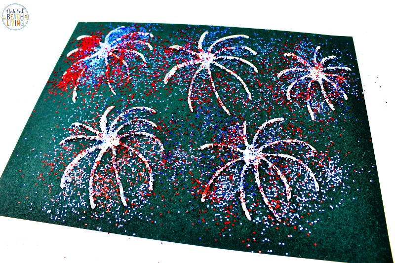 The kids are going to love this Fireworks Art Project! With just a few simple supplies kids can create an easy fireworks painting idea for toddlers, preschoolers, and children of all ages. This fireworks craft for preschoolers is perfect for a 4th of July craft or Memorial Day art project!  Have fun and enjoy patriotic fun.
