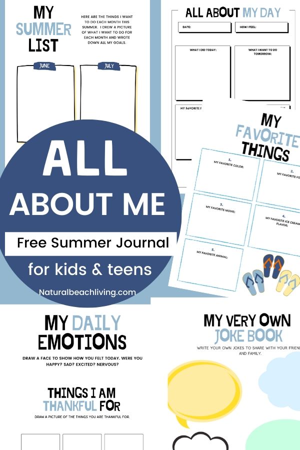 This All About Me Summer Journal is one of the favorite Free Summer Printable Activities! Not only is it fun summer writing for kids, but it's also a great way to keep them active and engaged. It includes great hands on activities, a Thankful list, all about me drawing, journal pages, emotions and feelings activities and so much more.  