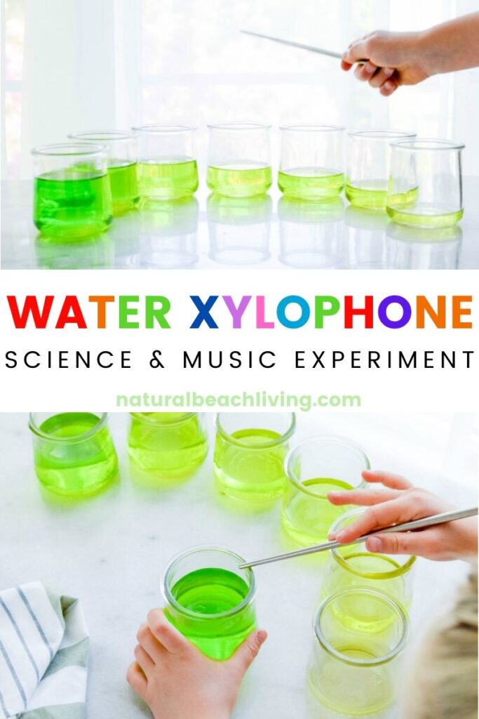 See How to Make a Water Xylophone and Learn about how sound waves travel, different pitches, and the science behind these perfect Music Preschool Activities. Plus, have fun playing on your own homemade DIY water xylophone musical instrument