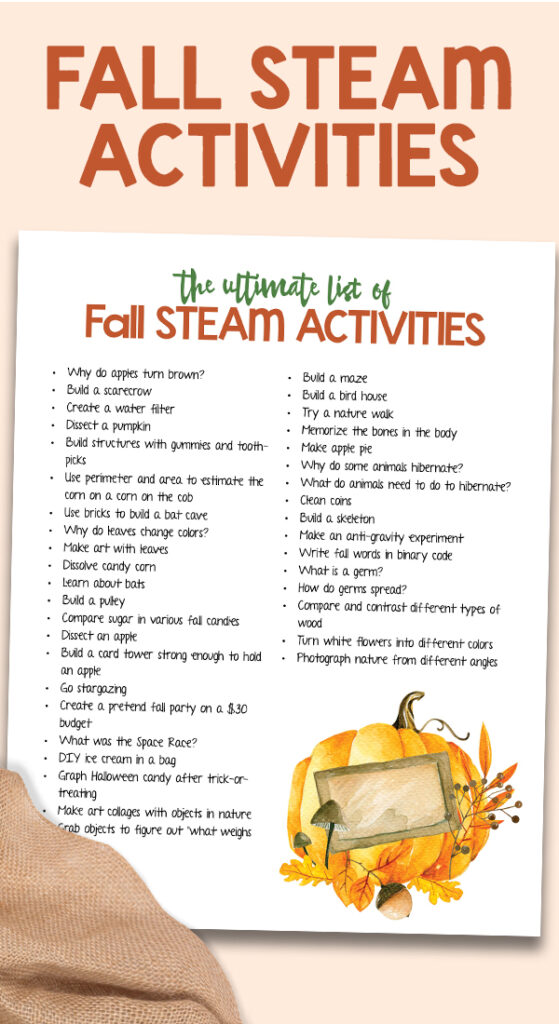 Kids LOVE these Hands on Fall STEAM Activities. Science, Technology, Engineering, Math, and Art Activities for Preschool, Kindergarten, and Early Elementary Kids. Free Printable and over 30 FALL STEM ACTIVITIES FOR KIDS