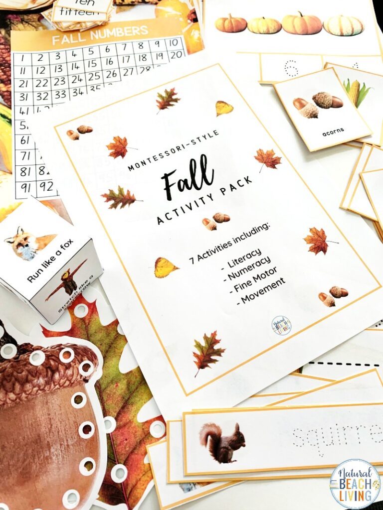 Adding these Fall Montessori Activities to your day will bring hands on learning with a fall theme. Perfect for toddlers, preschoolers, kindergarten and early elementary. With literacy activities, fine motor activities, number recognition, preschool and kindergarten math activities, and so much more. Also includes Movement Activities, Montessori Preschool Activities