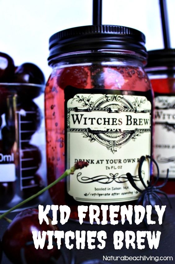 Witches Brew Halloween Drink for Kids, Witches Brew Recipe, Easy to make Halloween Drink Recipe, Witches Brew Mason Jar that's a Non-alcoholic Halloween Drink, Perfect Kid Friendly Halloween party drink, Halloween Free Printables