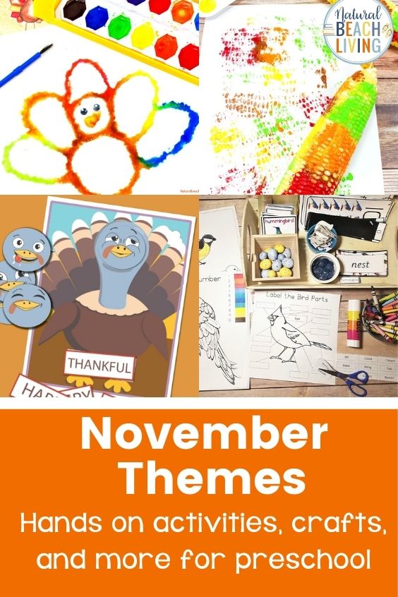 Fun Month of November themes and activities for preschoolers.  TONS of ideas of themes to use in your preschool classroom and preschool homeschool this November! Includes fall and Thanksgiving crafts, activities, ideas, and much more! Thankful theme, fall themes, and pumpkin theme included. #preschool #preschoolthemes #preschoolactivities