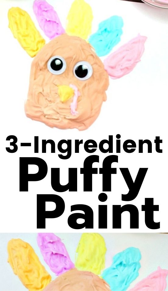 Your kids will love painting with this Homemade Puffy Paint Recipe for November kids activities. These puffy paint turkeys are so cute. Your children are sure to love making this simple fall art activity. This easy Thanksgiving Craft makes the perfect puffy paint turkey. Thanksgiving preschool crafts, Turkey craft #Thanksgiving #preschoolcrafts