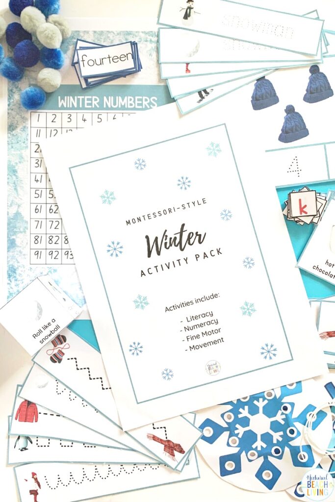 Add these Winter Montessori Activities to your day to bring hands on learning with a Winter theme. Perfect for toddlers, preschoolers, kindergarten and early elementary. With Winter literacy activities, fine motor activities, number recognition, preschool and kindergarten math activities, and so much more. Also includes Movement Activities, Montessori Preschool Activities and Winter Montessori 3 Part Cards