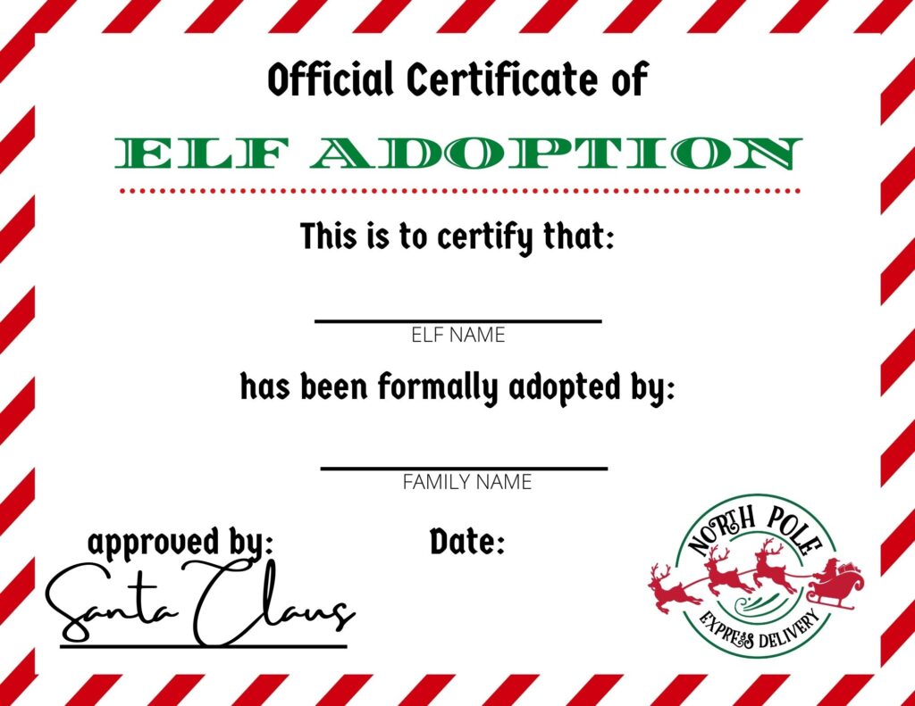 The kids are certain to go crazy about this Elf Adoption Certificate! They'll love being able to adopt their own Elf on the Shelf. Add free elf on the shelf printables to your month of holiday fun, Plus this Elf Certificate Printable is Free and Making your elf on the shelf official is so simple. 