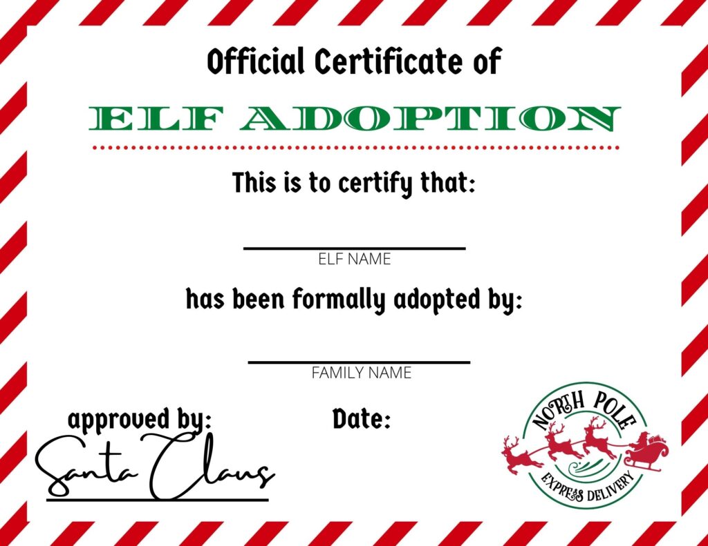The kids are certain to go crazy about this Elf Adoption Certificate! They'll love being able to adopt their own Elf on the Shelf. Add free elf on the shelf printables to your month of holiday fun, Plus this Elf Certificate Printable is Free and Making your elf on the shelf official is so simple.