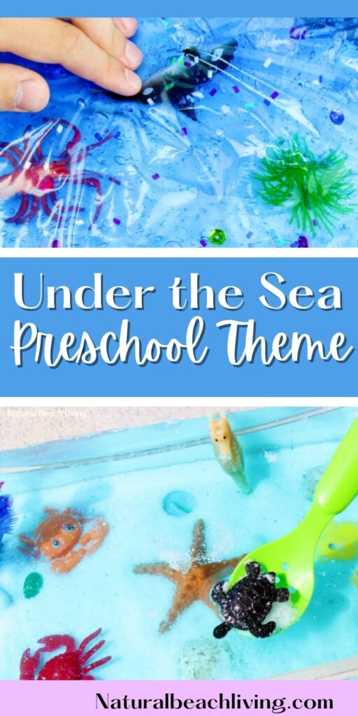 This Ocean Sensory Bin is easy to put together with a few simple under the sea theme items. your toddlers and preschoolers will love this Ocean Theme activity, Under The Sea sensory play is perfect for hands on learning or to add to an Ocean Unit Study.