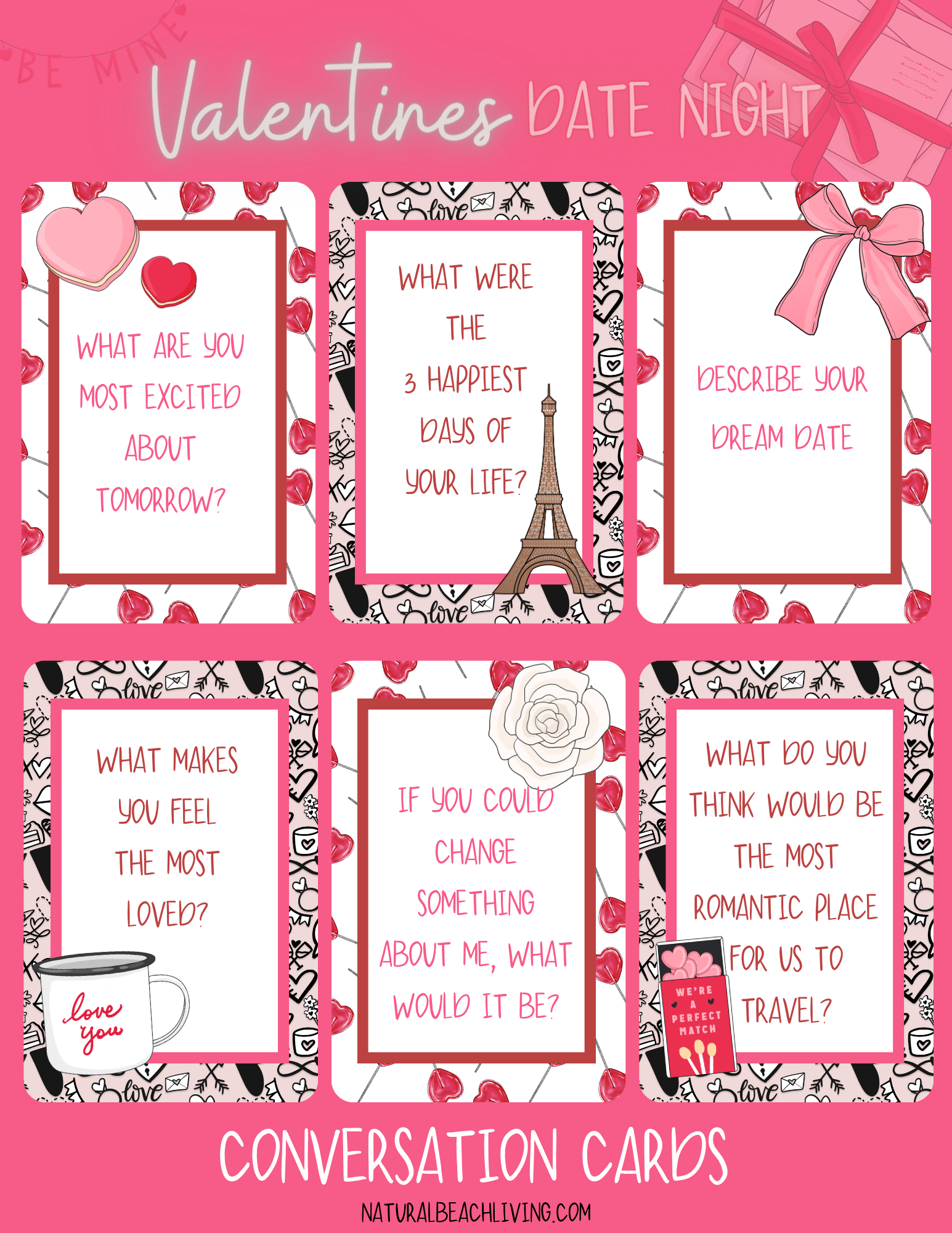 Valentine's Day Date Night Cards, These Free Printable Conversation Cards are thoughtful and fun. They will help you be more spontaneous in your romantic life, offering a range of ideas for conversations and sweet thoughts you can enjoy. Find THE BEST DATE NIGHT IDEAS HERE!