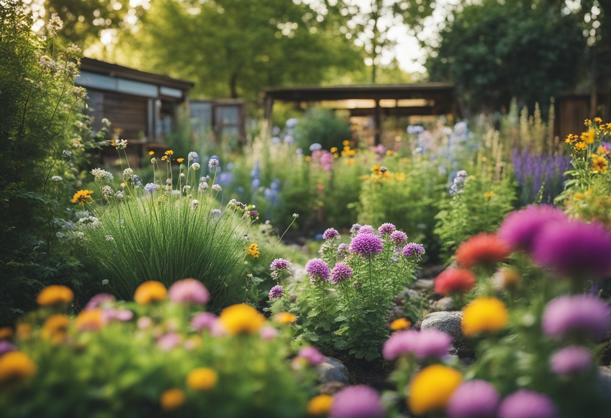 A backyard garden with colorful flowers, a variety of native plants, and a bee garden and bee houses and nesting sites