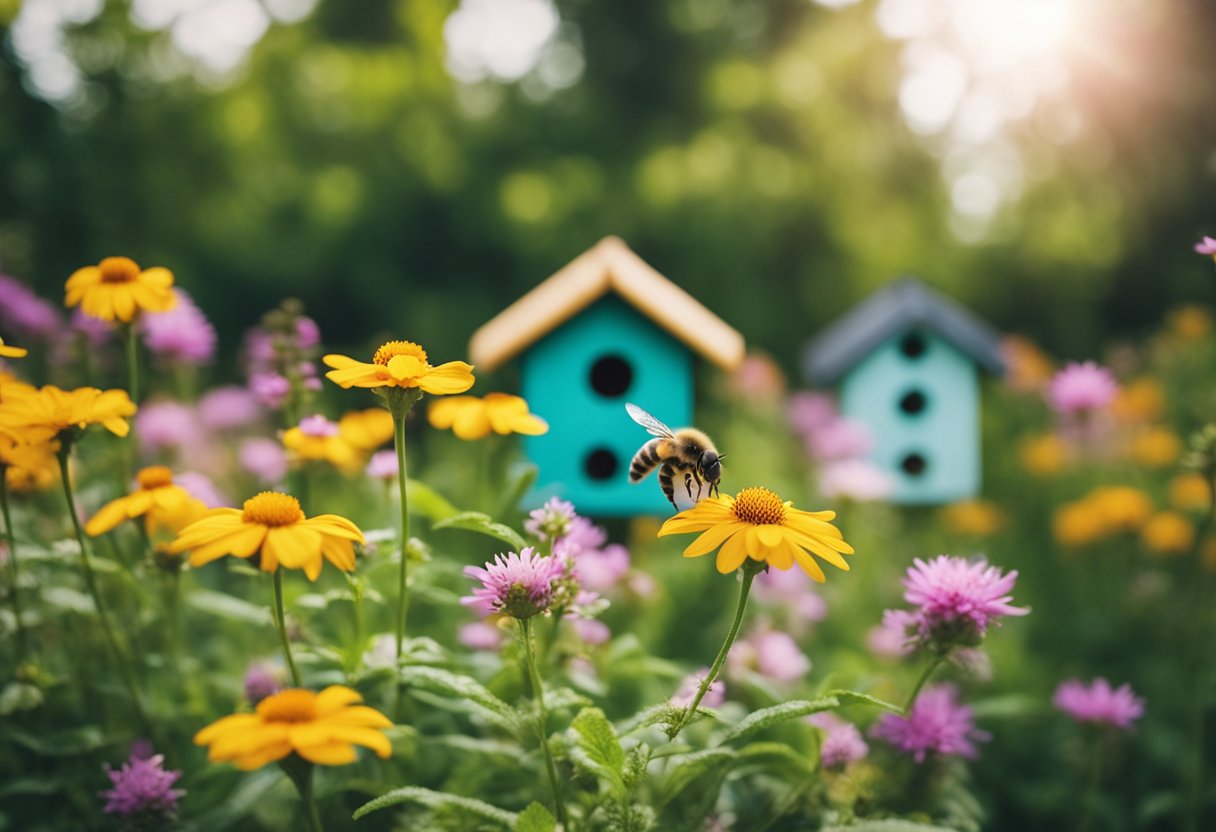 A colorful garden filled with flowers, bees, and a variety of bee-friendly plants, with a DIY bee house and other ways to save the bees