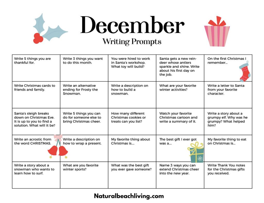 25 fun and festive December writing prompts for kids and adults! Get inspired this holiday season with this monthly writing ideas free printable.