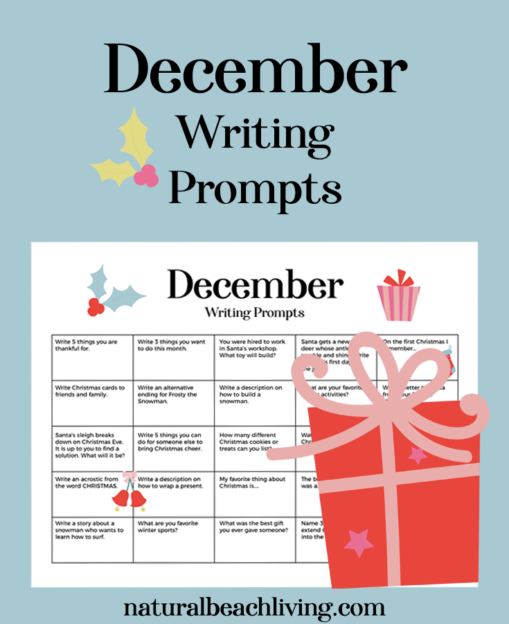 25 fun and festive December writing prompts for kids and adults! Get inspired this holiday season with this monthly writing ideas free printable.