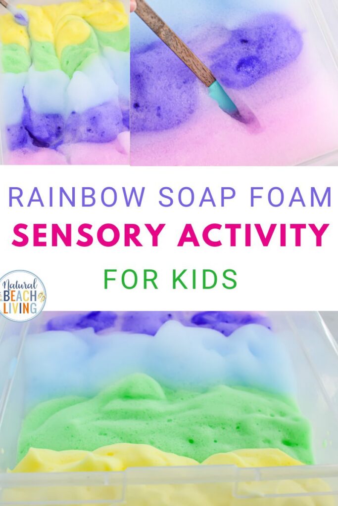 Create stunning rainbow soap foam for kids! This easy homemade recipe is the perfect sensory play activity for toddlers and preschoolers!