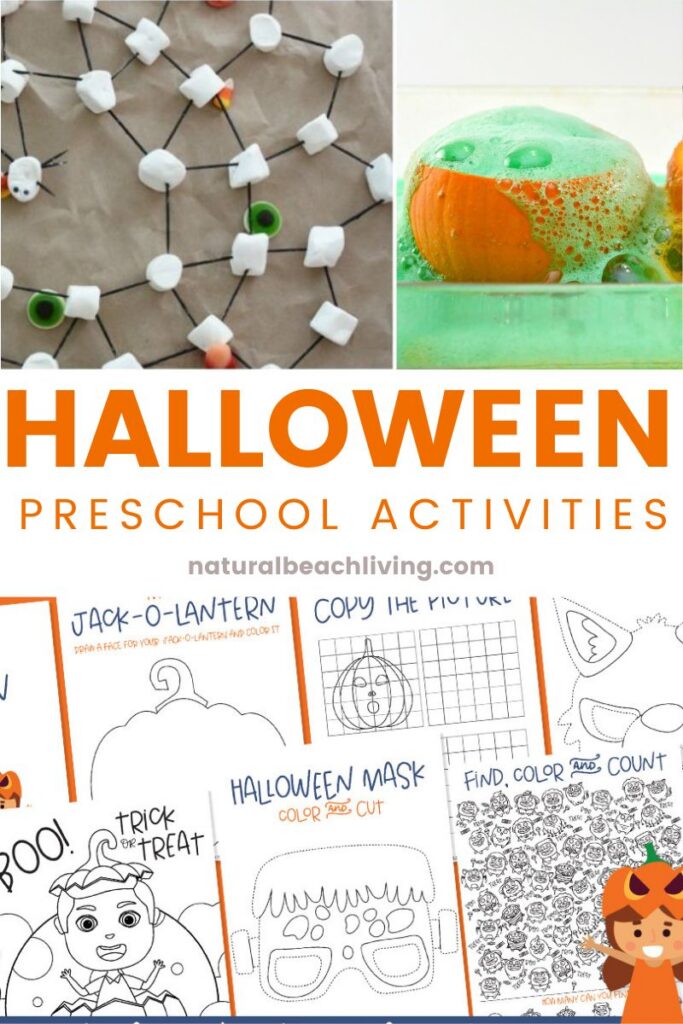 Fun Halloween preschool activities and free printables! Crafts, coloring pages, worksheets, Halloween sensory play, and Halloween games to make learning full of fall fun.
